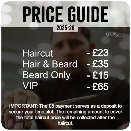 Price guide for hair services with a blurred background of a person getting a haircut.