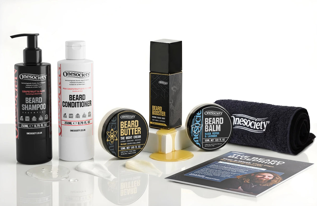 collection of products that make up the 90 day beard challenge by one society
