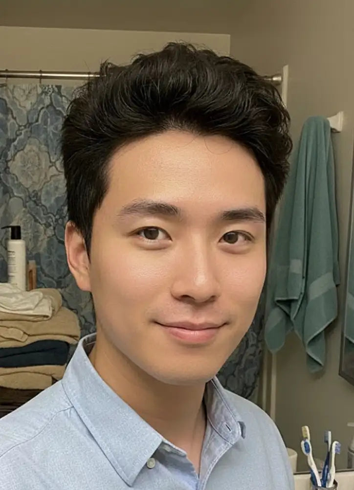 Man with styled hair in a bathroom setting