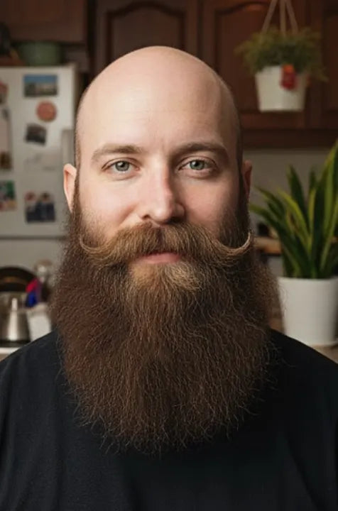 Man with a long beard in a kitchen setting after using beard wax