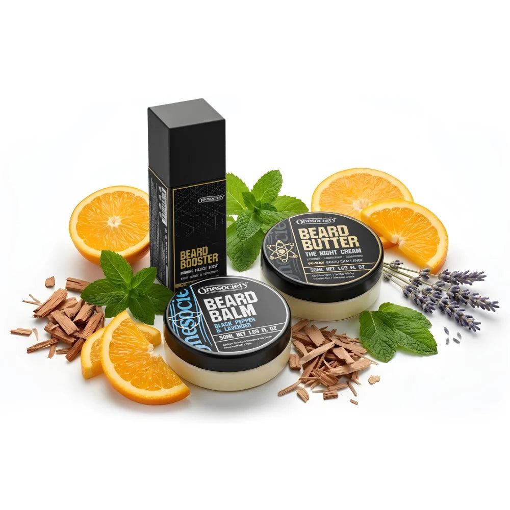beard starter kit includes beard booster, beard butter and beard balm by one society