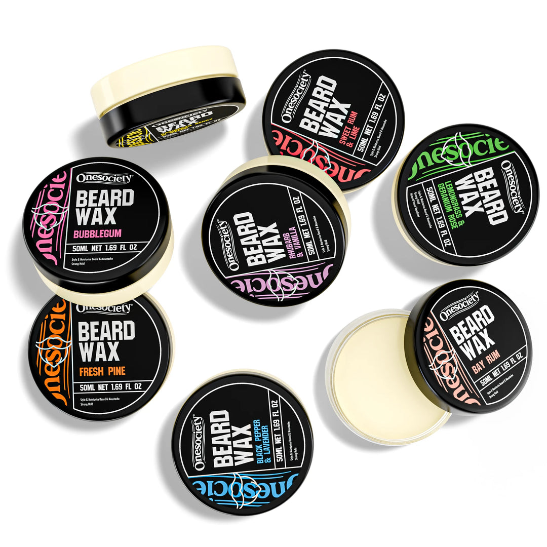 One society beard wax in multiple different scents like fresh pine, bubblegum and lemongrass and rose and many more.