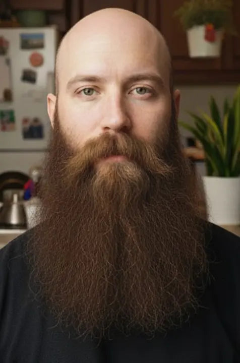 Man with a long beard in a kitchen setting before using beard wax