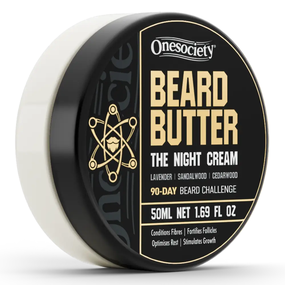 Jar of Onesociety Beard Butter with black and gold label on a white background