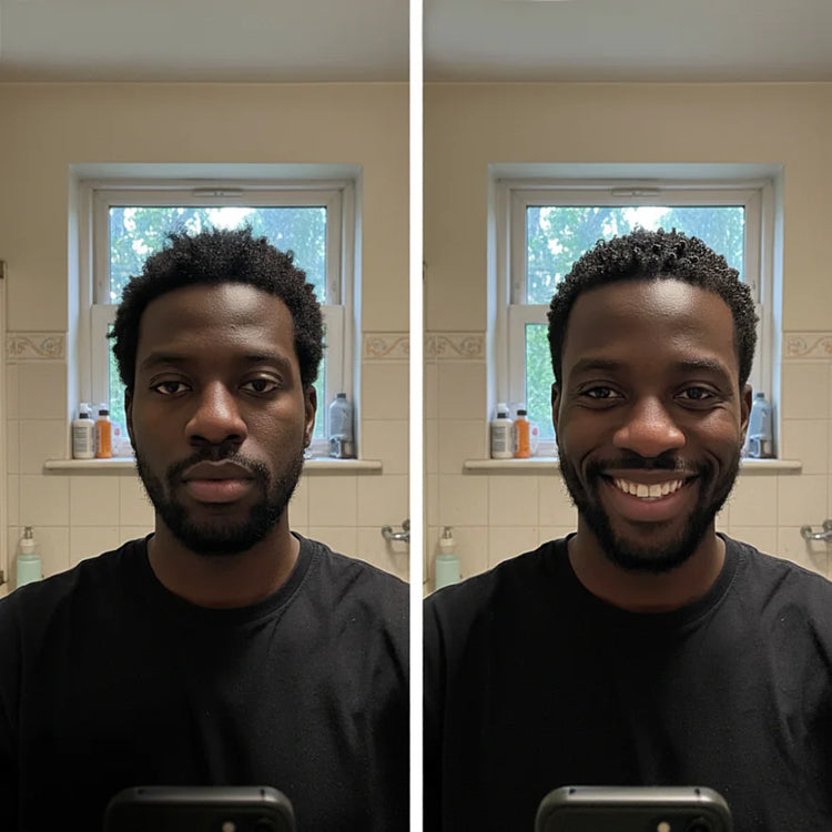 Side-by-side comparison of a man taking a selfie in a bathroom with and without hair product