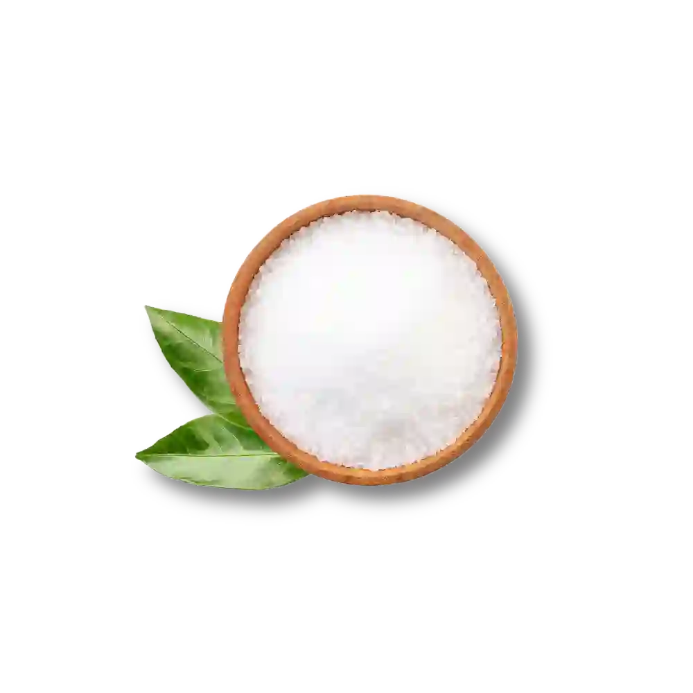bowl of citric acid with two green leafs
