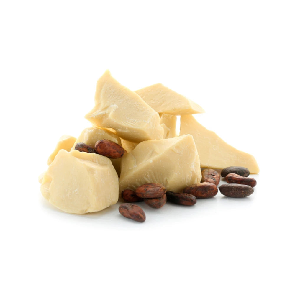 White cocoa butter with cocoa beans on a white background