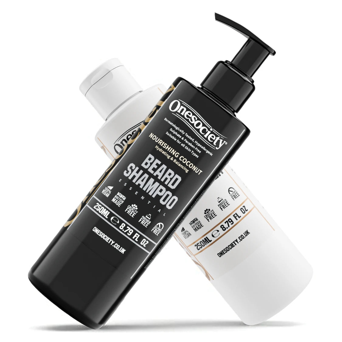 Two bottles of Onesociety Nourishing coconut beard shampoo and beard conditioner crossed over on a white background