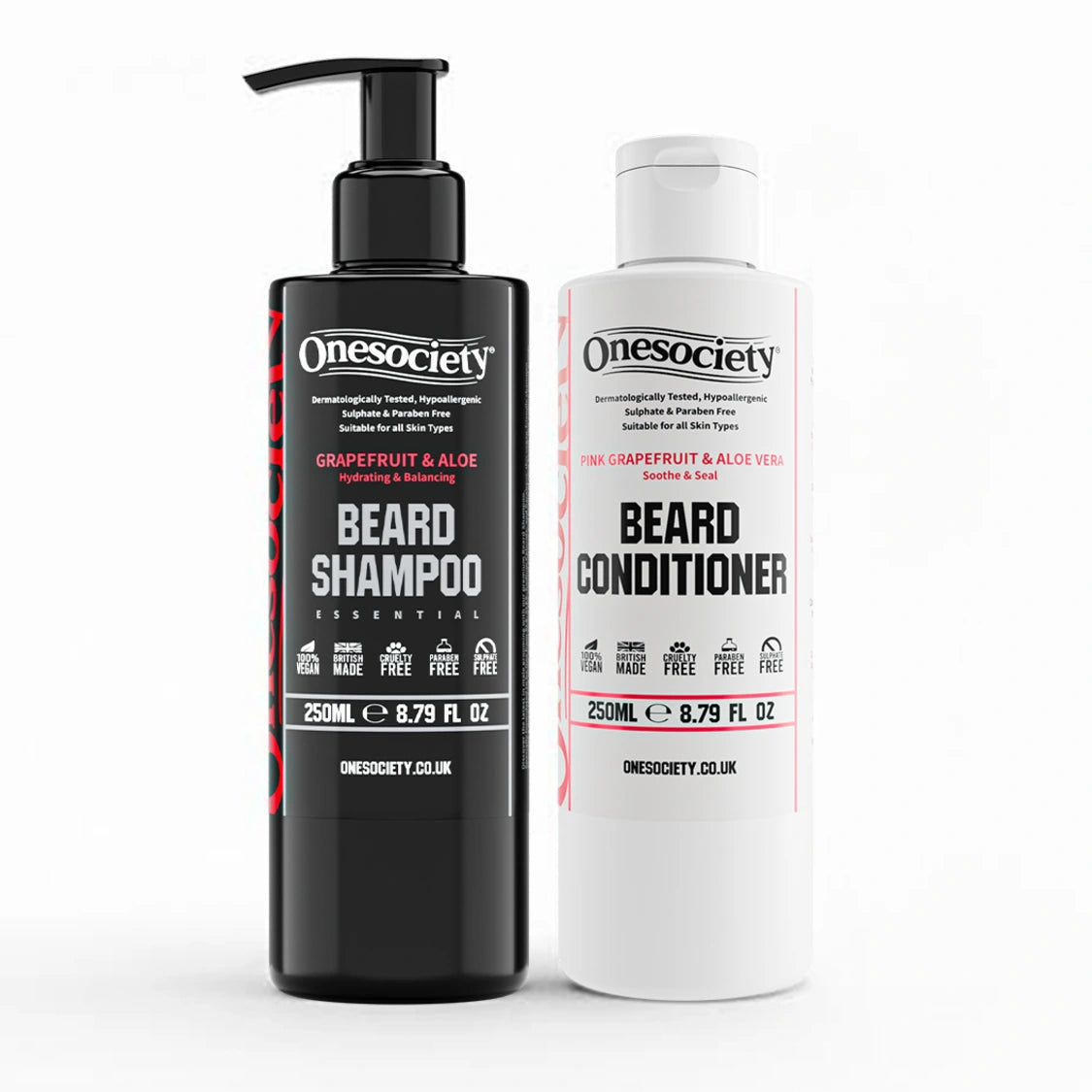 Two bottles of Onesociety grapefruit and aloe vera beard shampoo and beard conditioner on a white background