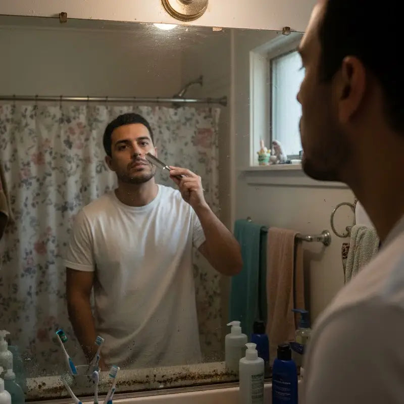 man shaving his face with a razor using one society shave oil