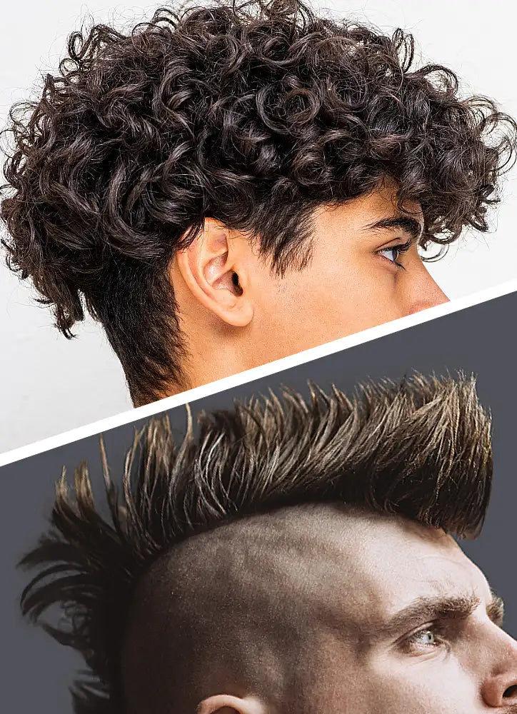 Two different hairstyles shown side by side both styled with one society spiker hair styling product