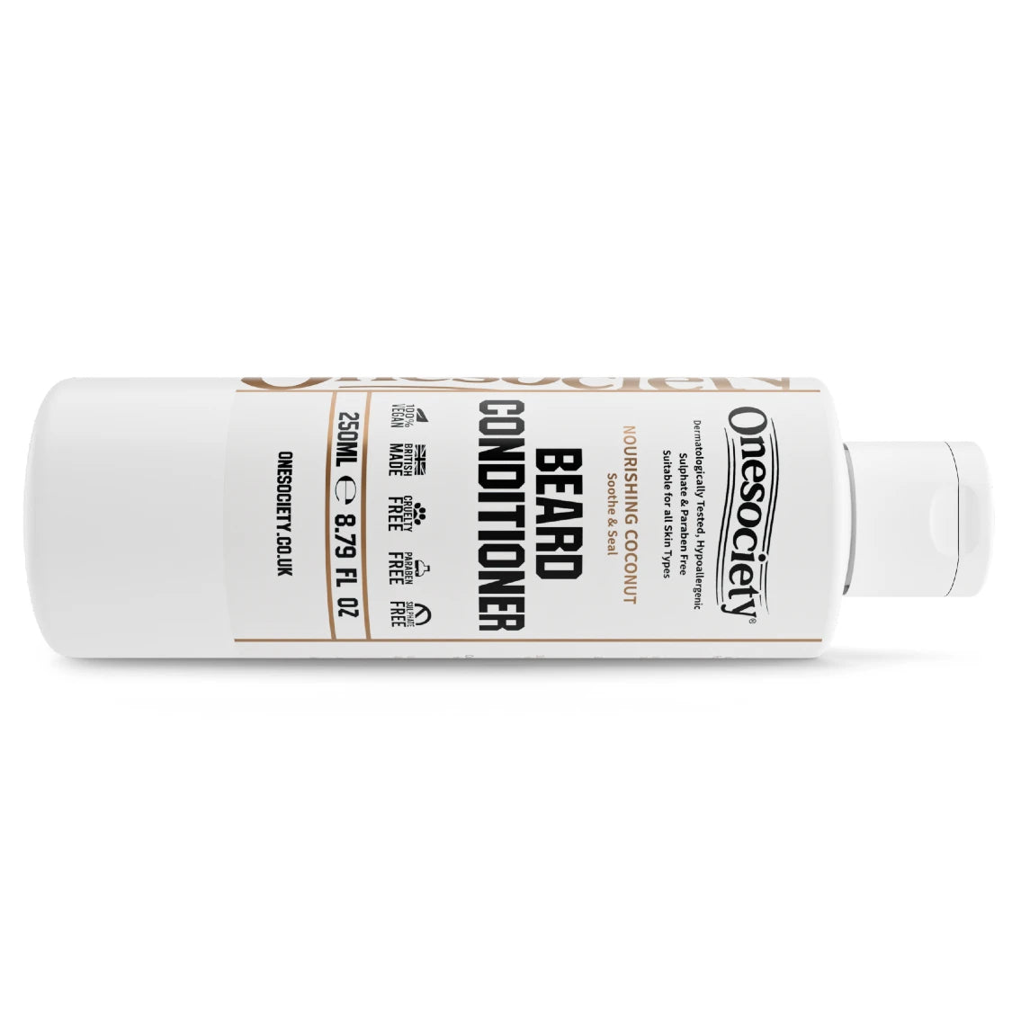 Onesociety nourishing coconut beard conditioner bottle laying down on a white background