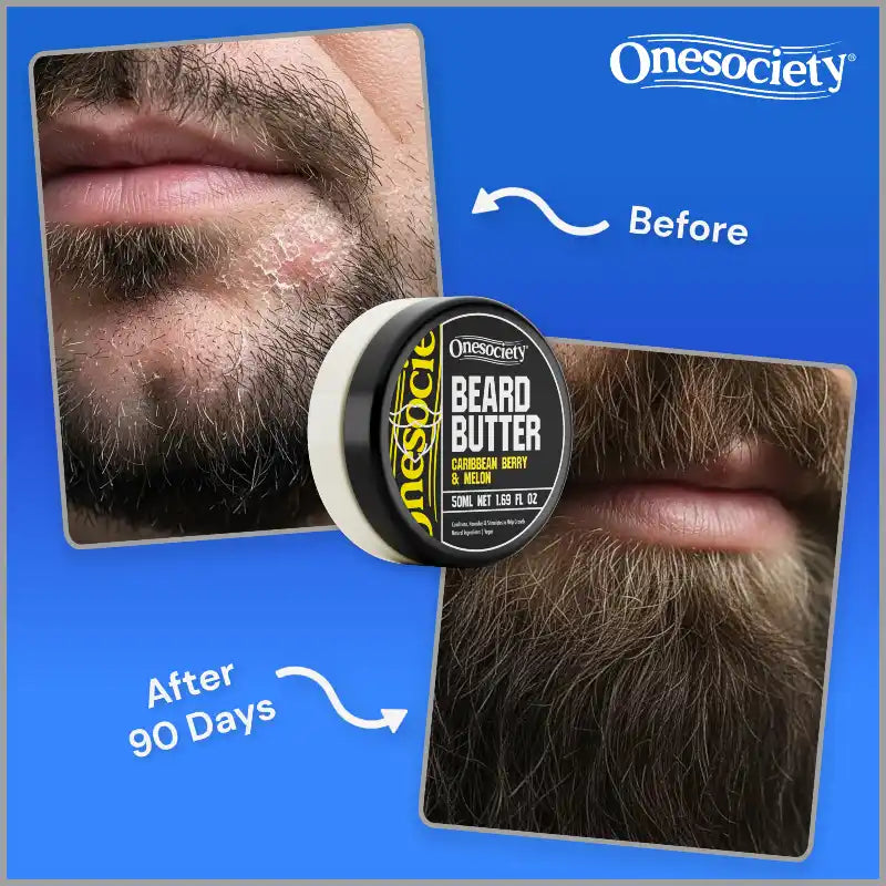 Beard butter container with 'Onesociety' branding, showing a comparison of a man's beard before and after use.