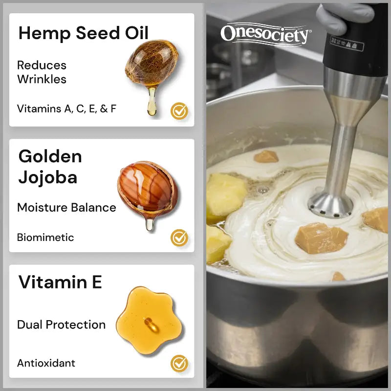 Onesociety product with ingredients listed on the left and a blender in use on the right.