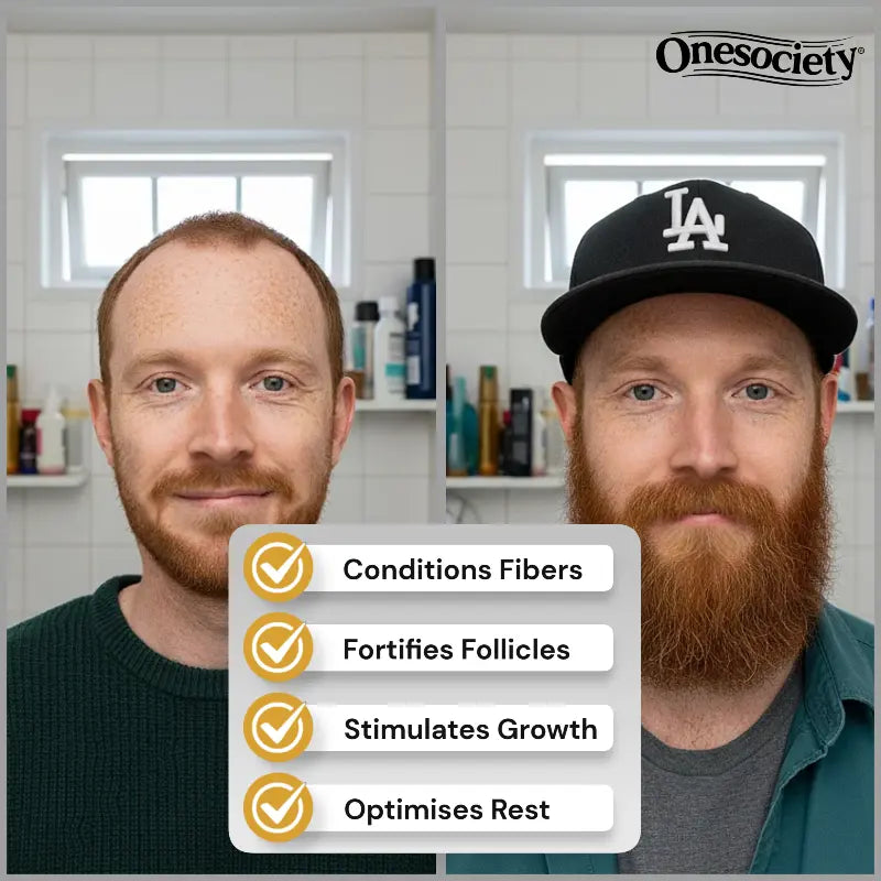 Two men with beards side by side, with a list of hair care benefits or using beard butter and beard oil
