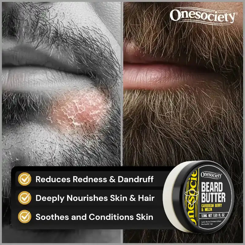 Advertisement for Onesociety beard butter showing before and after effects on skin with visible branding.