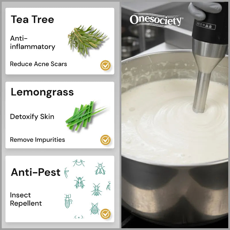 Onesociety kitchen appliance with tea tree, lemongrass, and anti-pest features displayed.