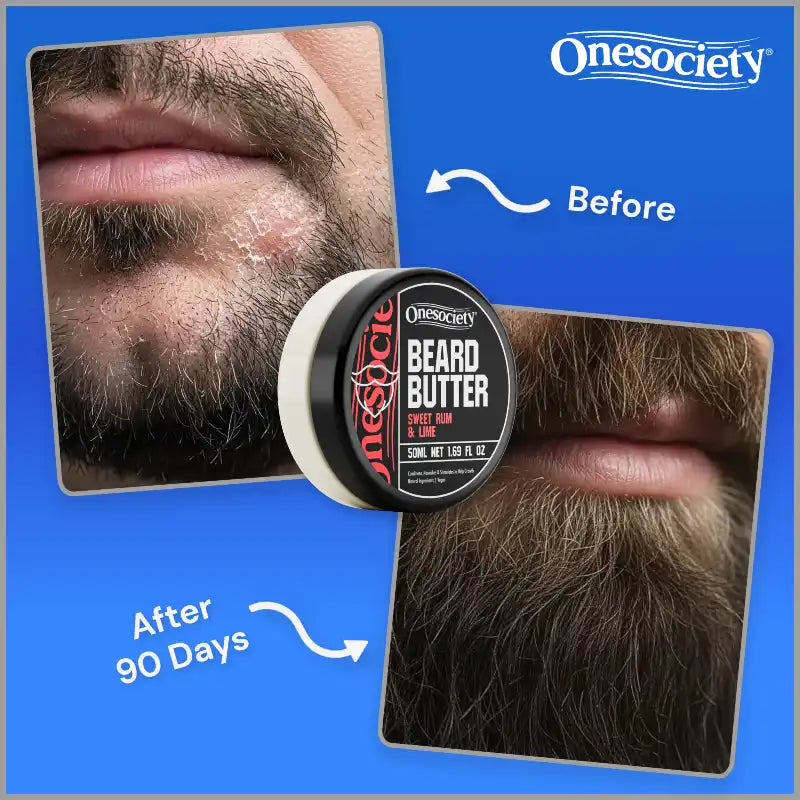 Beard butter container with 'Onesociety' branding, showing a comparison of a man's beard before and after use.