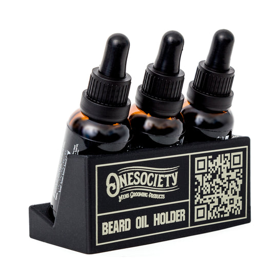 One society onesociety beard oil holder with laser finish and QR code link for Instagram onesocietyshop. Beard Oil Holder | Beard Bottle Display Stand | Made In UK | 3 Slots.