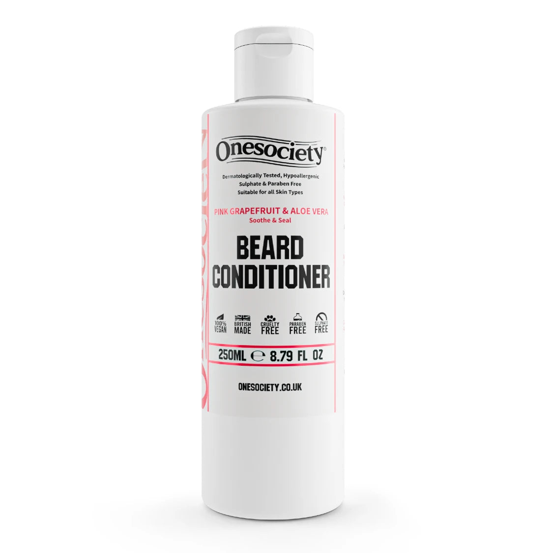 Onesociety Pink Grapefruit Beard Conditioner Standing up with a white background