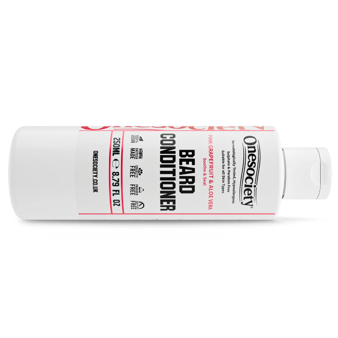 Onesociety Pink Grapefruit Beard conditioner bottle laying down on a white background