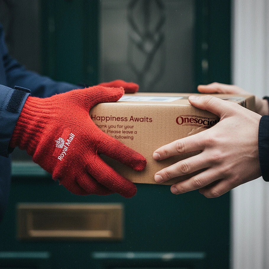 Person wearing red gloves delivering a box with 'Onesociety' branding.