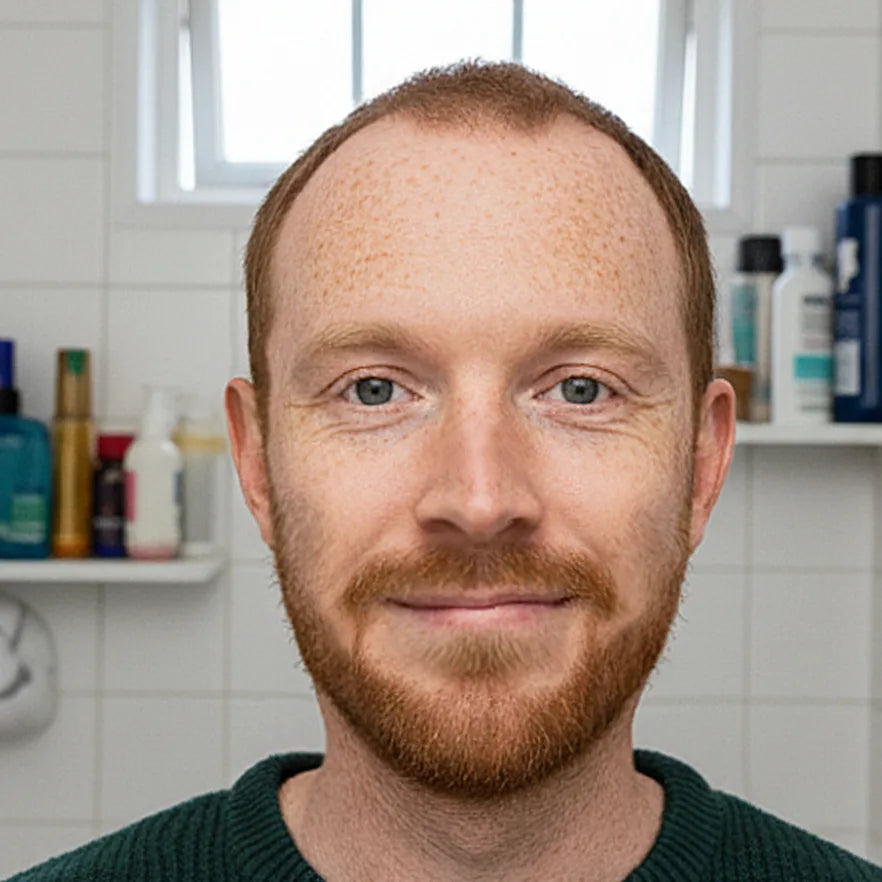 Man with a beard and short hair in a bathroom setting