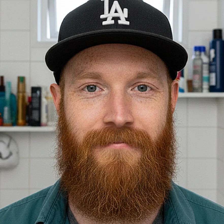Man with a red beard wearing a black cap with 'LA' logo in a bathroom setting.