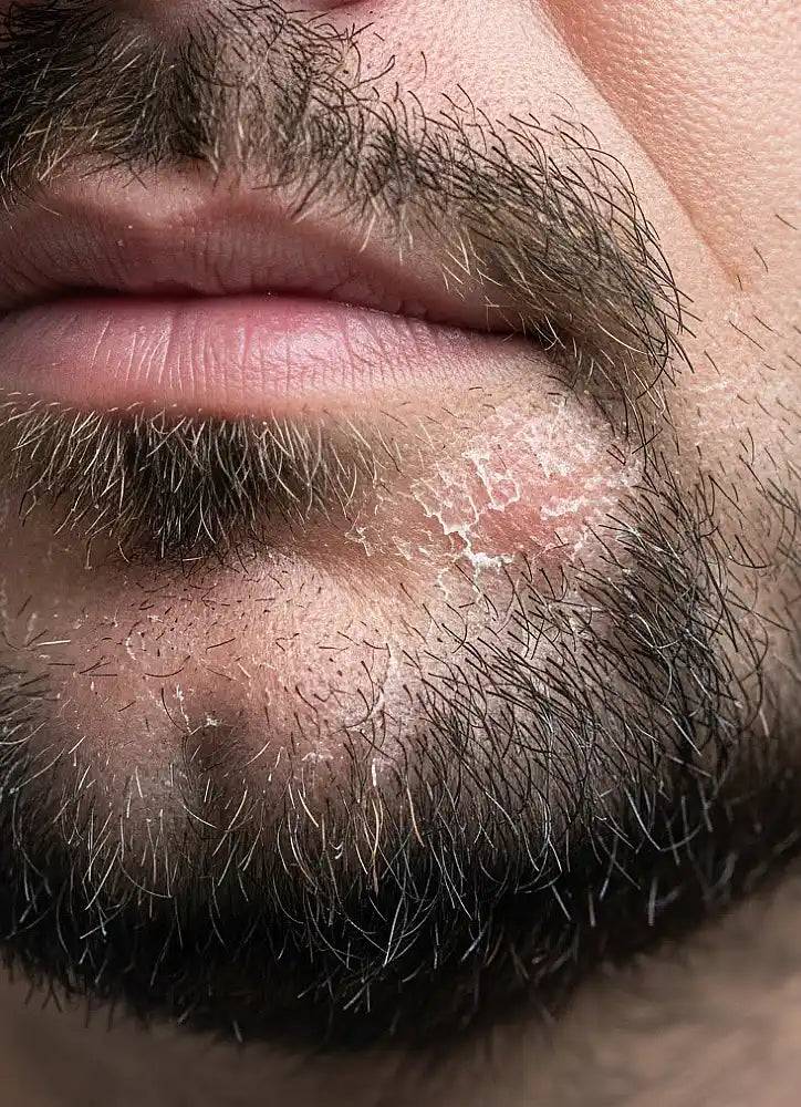 Close-up of a man's lips and chin with visible beard dandruff and problem skin