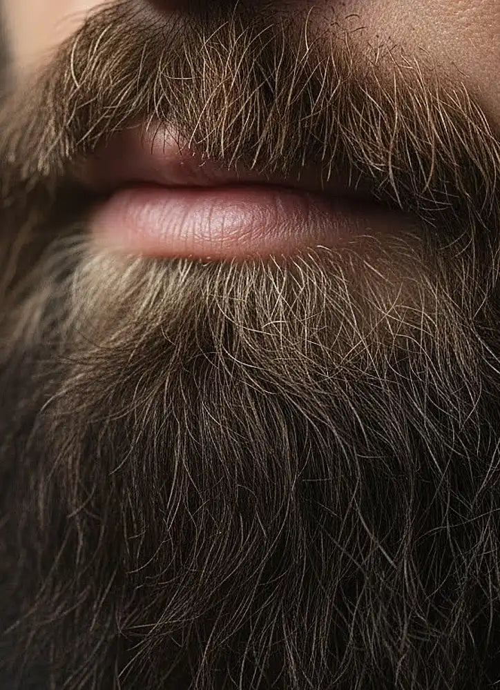 Close-up of a man's lips and chin with a healthy beard and skin underneath