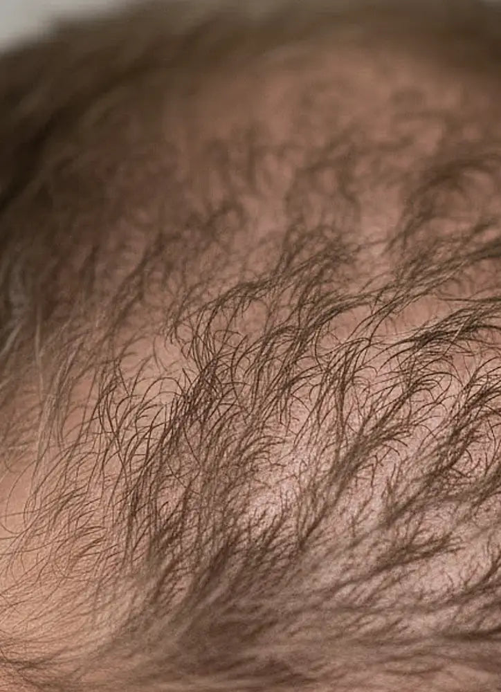 Close-up of a person's scalp with new hair growth with tea tree shampoo