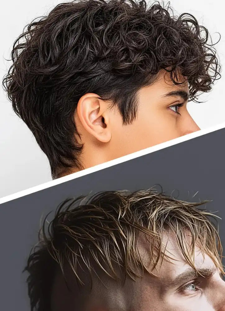Two men with styled haircuts on a split background