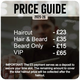 Price guide for hair services with a blurred background of a person getting a haircut.