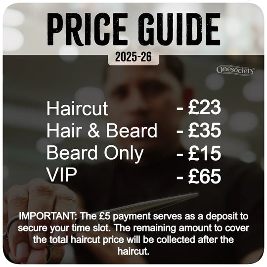 Price guide for hair services with a blurred background of a person getting a haircut.