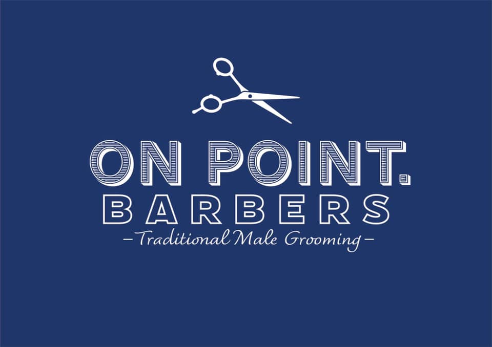 On Point Barbers Logo in Blue and White.