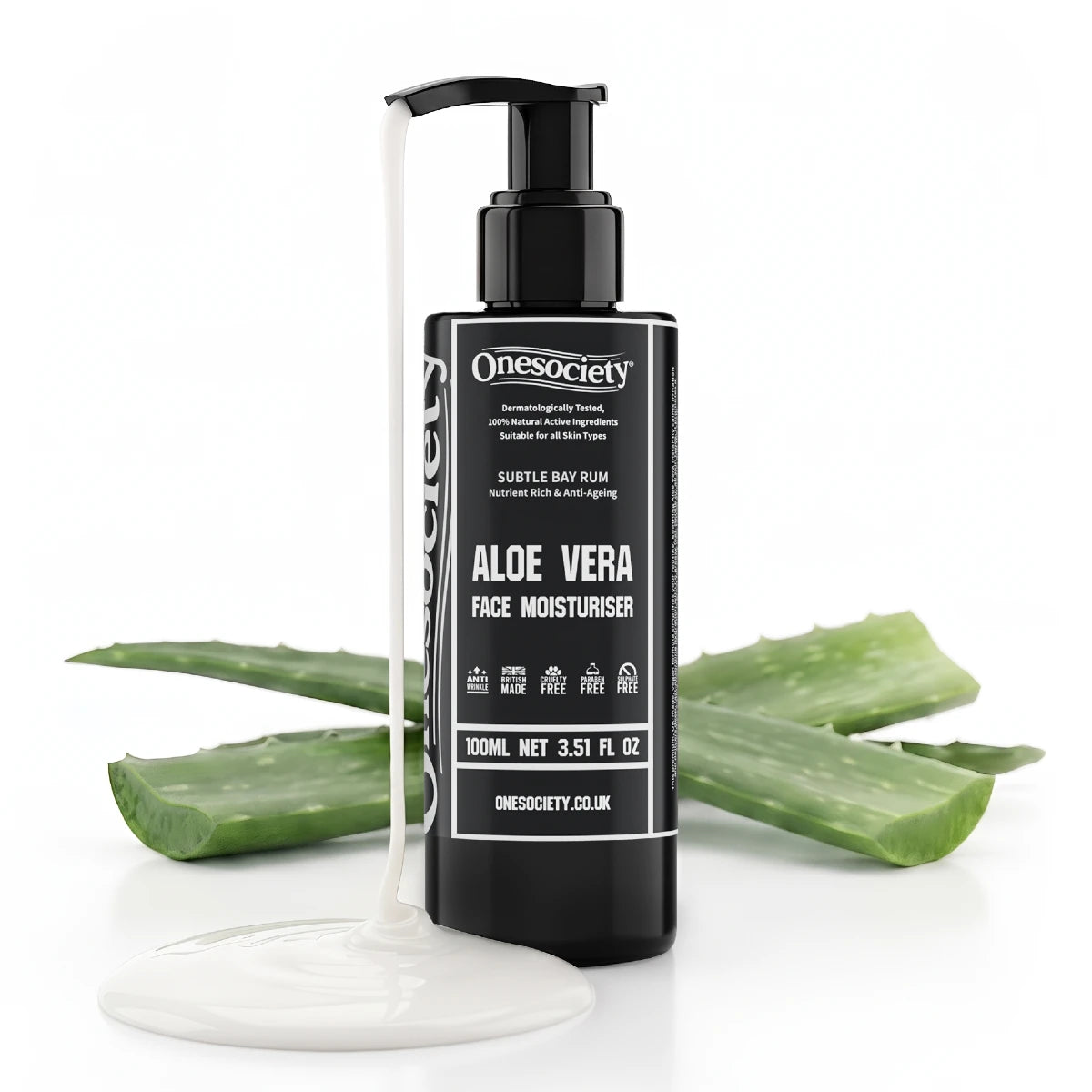 A bottle of Onesociety Aloe Vera Face Moisturiser standing upright on a white background, with a white cream pool at its base and aloe vera slices arranged behind it.