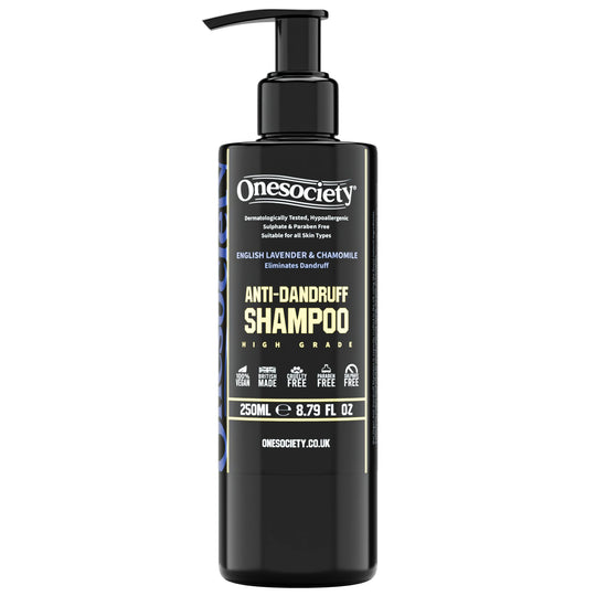 Front of anti dandruff shampoo made by one society men's grooming products