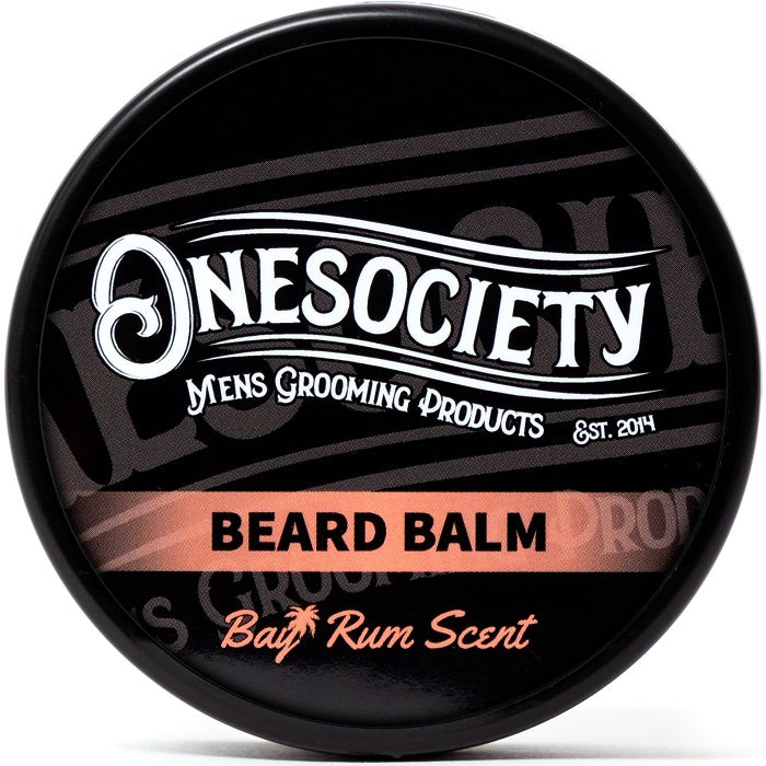 Onesociety one society beard styling balm, beard wax, made in britain, vegan friendly, natural ingredients, men's grooming products, beard care for men, the perfect gift for him, bay rum scent beard kit
