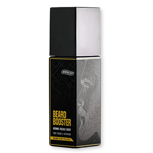 Beard booster product packaging with 'Onesociety' branding on a white background