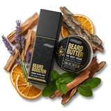 Beard care products including a bottle and a jar on a white background with natural elements.