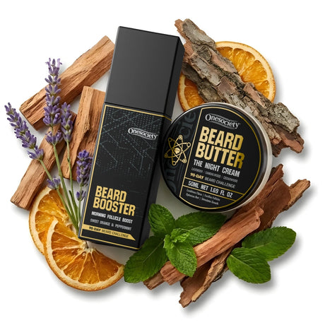 Beard care products including a bottle and a jar on a white background with natural elements.