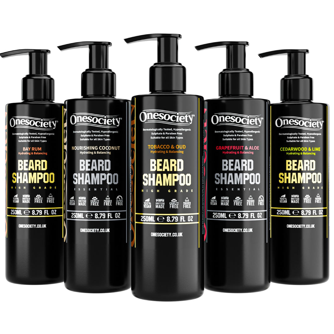 onesociety one society men's grooming products shower care beard wash beard shampoo vegan friendly natural products made for men in Britain