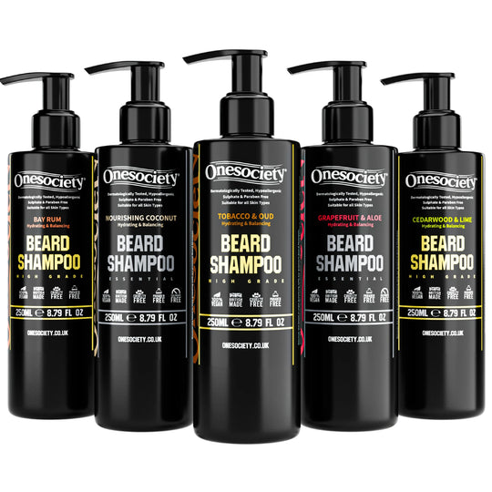 Bay Rum, Nourishing Coconut, Tobacco and Oud, Grapefruit and Aloe Vera, Cedarwood and Lime Beard Shampoos made by One Society Men's Grooming Products