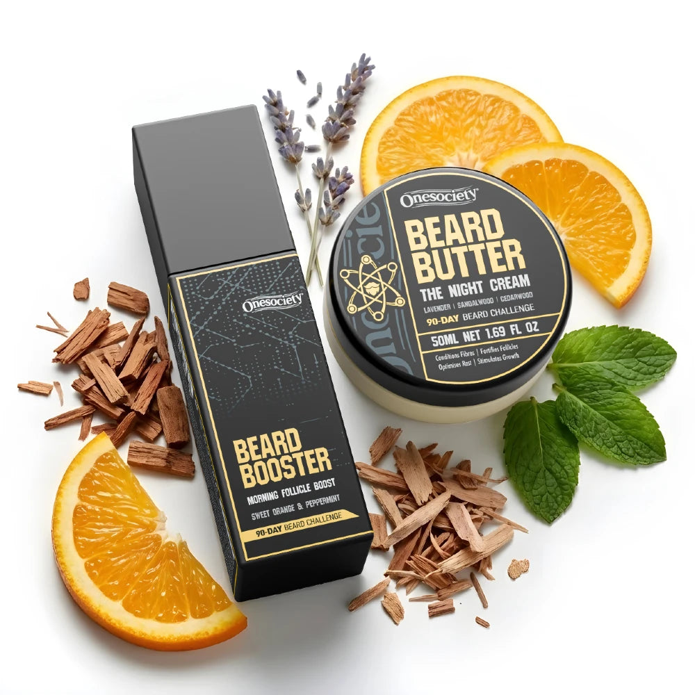 Beard care products including a jar of beard butter and a box of beard booster with oranges and herbs on a white background.