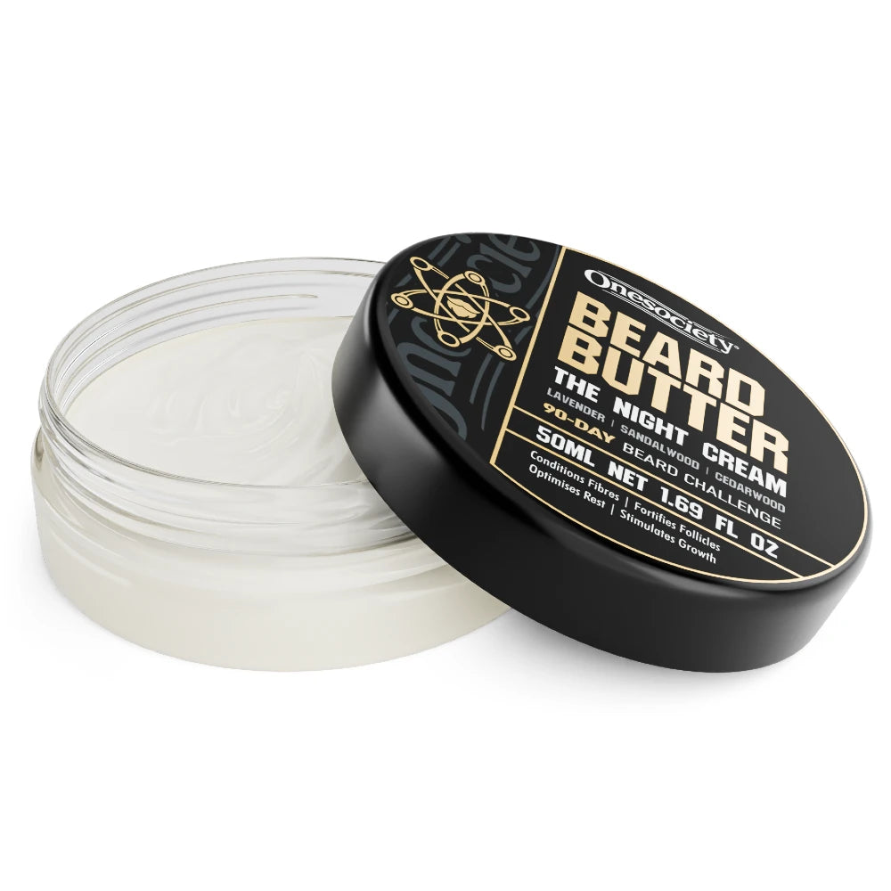 One society beard butter special edition 90 day beard challenge open lid with beard cream inside