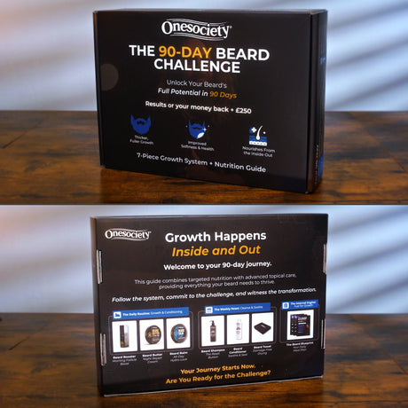 Two views of the Onesociety 'The 90-Day Beard Challenge' box, showing the front and back packaging on a wooden tabletop with a blurred indoor background.