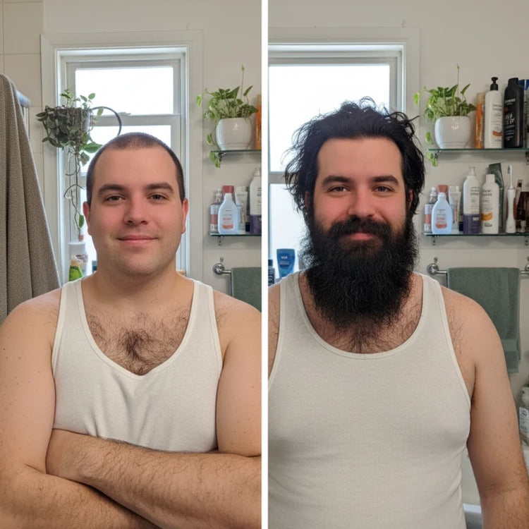 Side-by-side comparison of a man with and without a beard indoors.