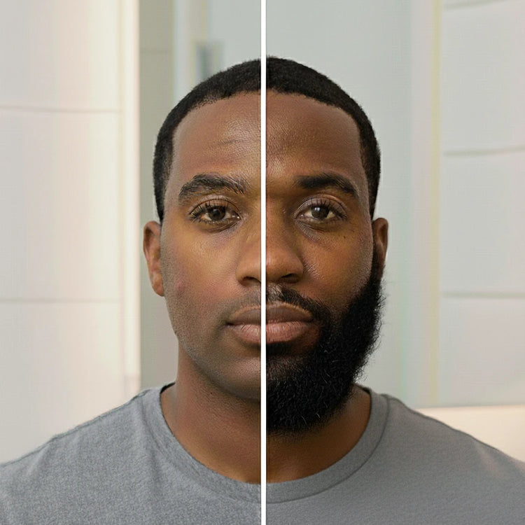 Side-by-side comparison of a man with and without a beard against a neutral background