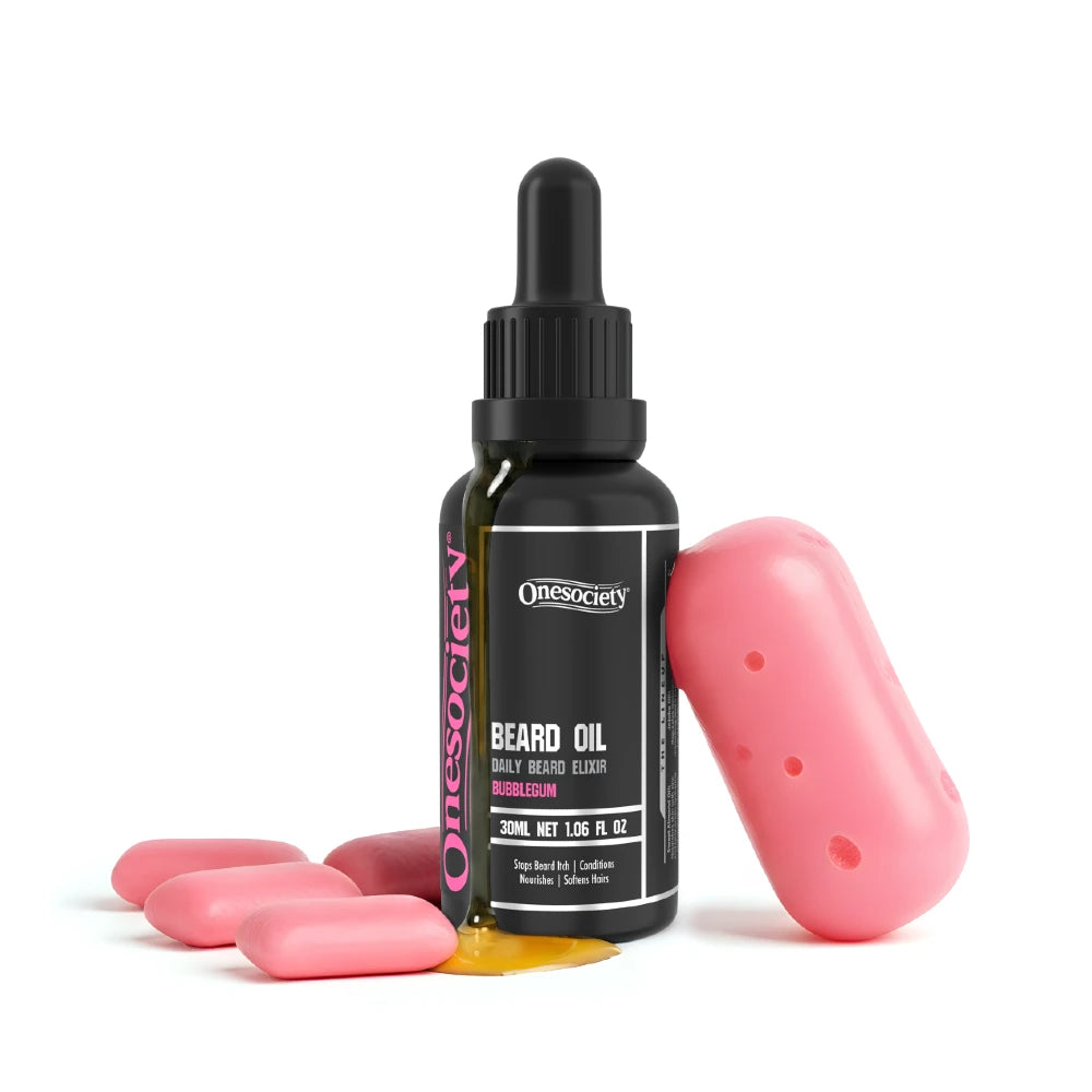 Bottle of Onesociety beard oil with pink containers on a white background