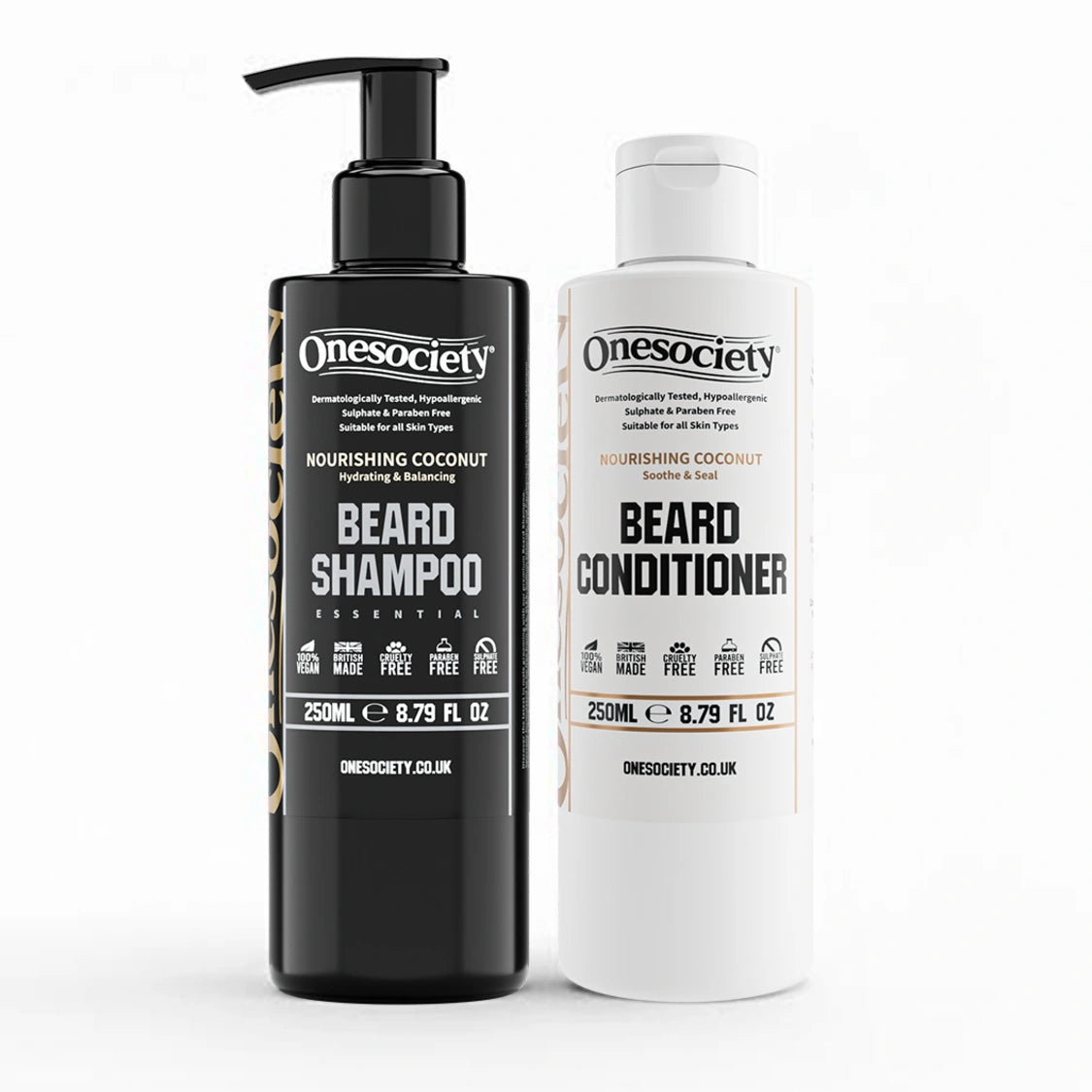 Black and white bottles of Nourishing coconut Onesociety beard shampoo and conditioner on a white background